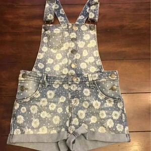 Cherokee White Daisy Flower Blue Denim Print Shortalls Overalls Girls Sz X Large